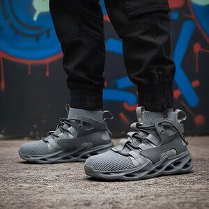 Gray High-Top Sneakers with steel toes - size 6W - Mint!